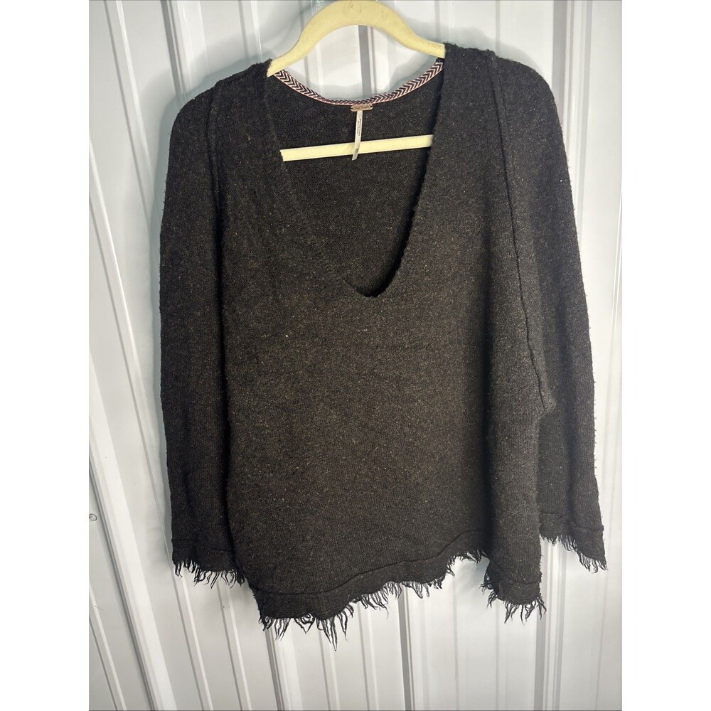 Free People Brown Wool Blend Irresistible Fringe V-Neck Sweater XS Oversized EUC